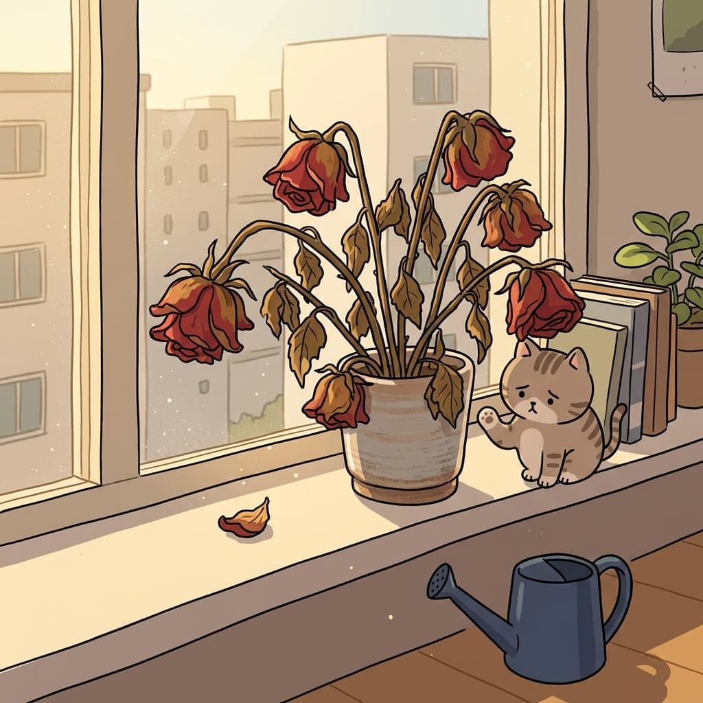 물을 안 준 지 일주일, 창가의 장미가 시들어버렸다.
