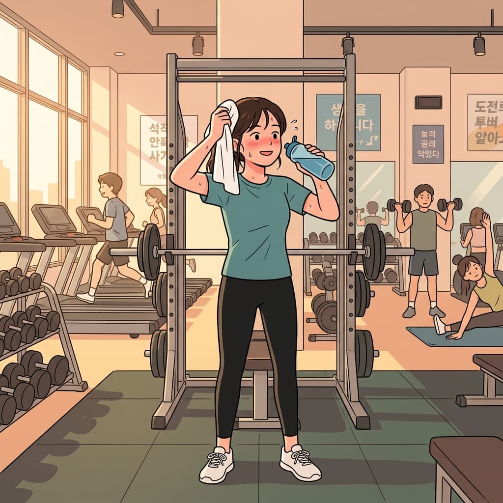 그녀는 오늘도 헬스장에서 땀 흘리며 운동을 끝냈다.