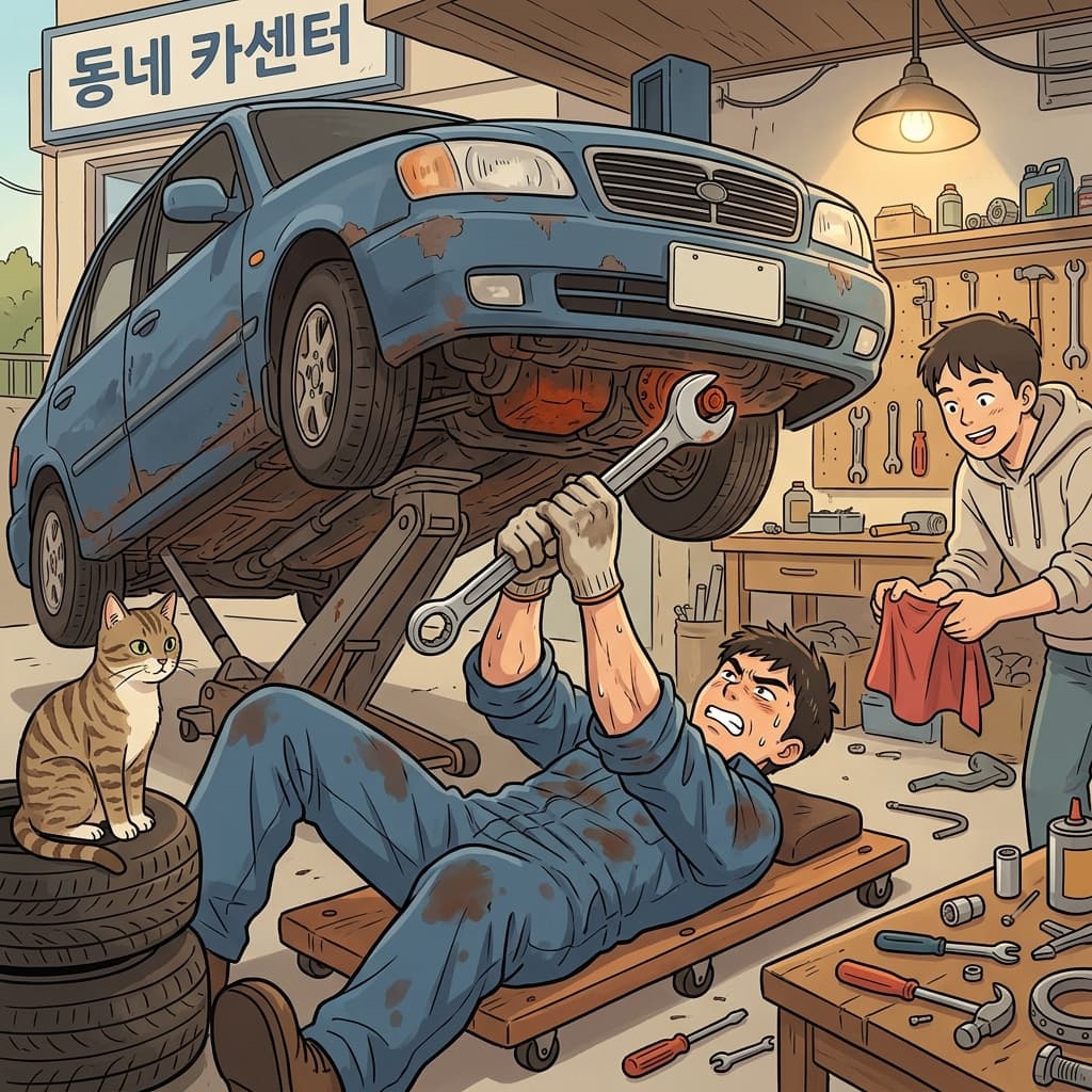 정비사가 차 밑에서 렌치로 녹슨 볼트를 꽉 조인다.