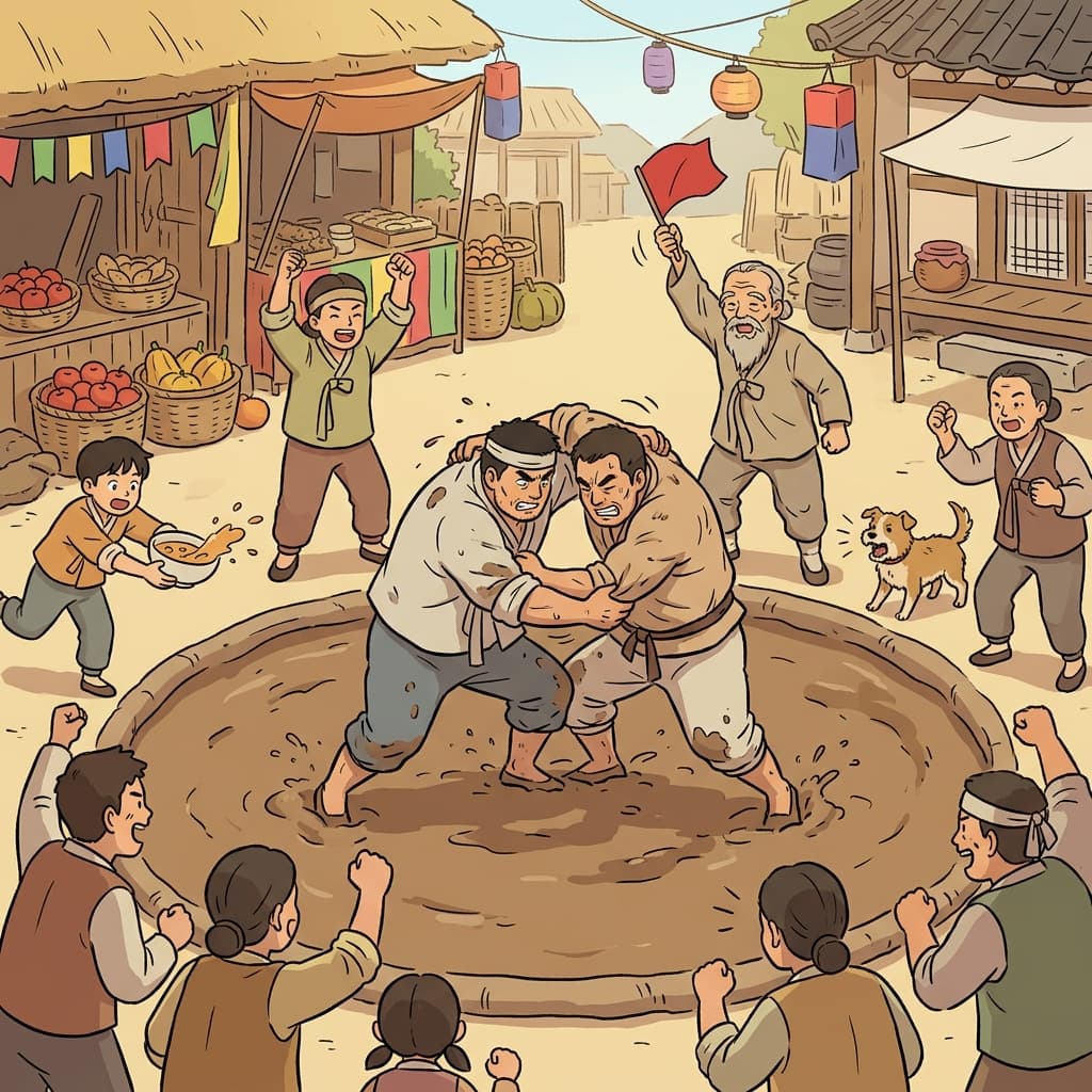 마을 축제에서 두 농부가 진흙탕에서 맞붙어 씨름한다.