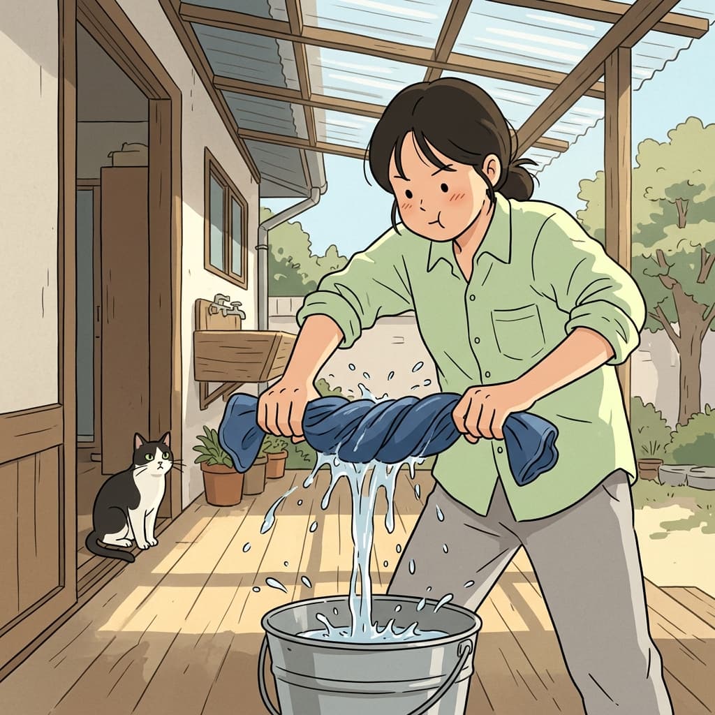 젖은 수건을 꽉 짜니 물이 뚝뚝 떨어진다.