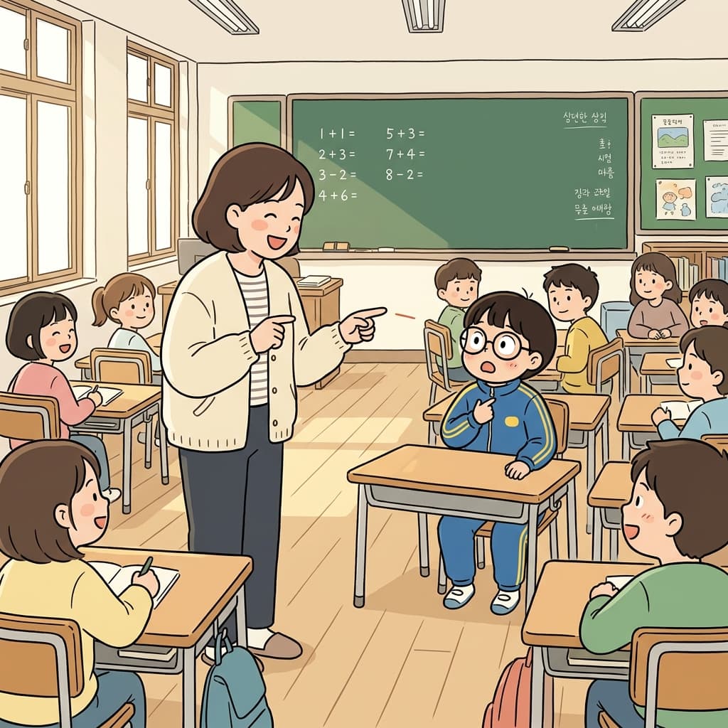 선생님이 손가락으로 가리키며 '너, 바로 너!' 하고 외친다.